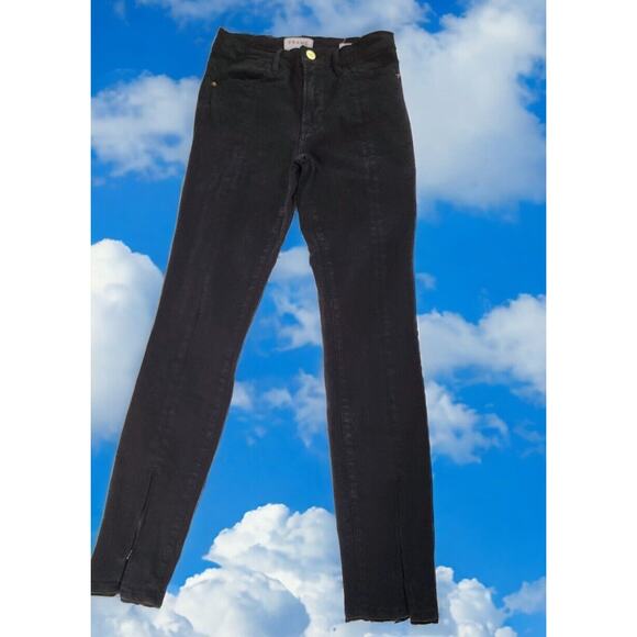 Frame Denim Black Noir Jeans Sz 27 Le High Skinny Zip Ankle Hem Front Seam Goth - Picture 1 of 12